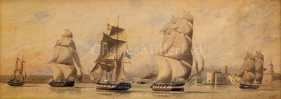 Lot 198 - WILLIAM EDWARD ATKINS (BRITISH, 1842-1910) - A FIRST RATE FIRING A SALUTE BY THE CITADEL PORTSMOUTH; FIFTH RATES OF THE ROYAL NAVY EXERCISE OFF PORTSMOUTH