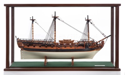 Lot 118 - A FINELY CARVED AND PRESENTED 1:48 SCALE MODEL OF H.M.S. WAGER [1734]