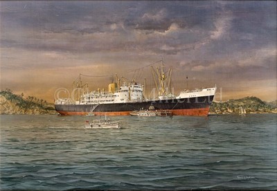 Lot 94 - δ ROBERT G. LLOYD (BRITISH, B. 1969) - THE ROYAL MAIL LINE PASSENGER CARGO SHIP 'EBRO' AT ANCHOR OFF THE PORT OF SPAIN CIRCA 1955
