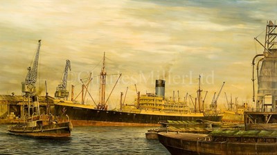 Lot 85 - δ ROBERT G. LLOYD (BRITISH, B. 1969) - BLUE FUNNEL CARGO SHIP M.V. 'DARDANUS' PICTURED IN LONDON'S ROYAL DOCKS CIRCA 1930