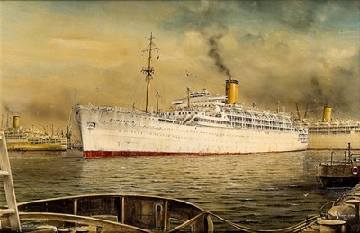 Lot 98 - δ ROBERT G. LLOYD (BRITISH, B. 1969) - THE P&O LINER 'HIMALAYA' ARRIVING AT TILBURY