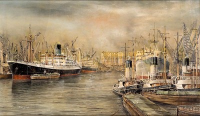 Lot 108 - δ ROBERT G. LLOYD (BRITISH, B. 1969) - THE BLUE FUNNEL LINE PASSENGER-CARGO SHIP S.S. 'IXION' DISCHARGING WOOL FROM AUSTRALIA AT HULL DOCKS, CIRCA 1955