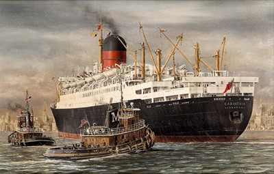 Lot 89 - δ ROBERT G. LLOYD (BRITISH, B. 1969) - CUNARD LINER R.M.S 'CARINTHIA' APPROACHING NEW YORK, U.S.A., CIRCA 1958