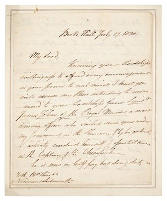 Lot 213 - AN AUTOGRAPH LETTER FROM CAPTAIN BROKE, CIRCA 1820