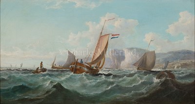 Lot 13 - JOHN MUNDELL (BRITISH, 1818-1875) - FISHING BOATS OFF A ROCKY COAST