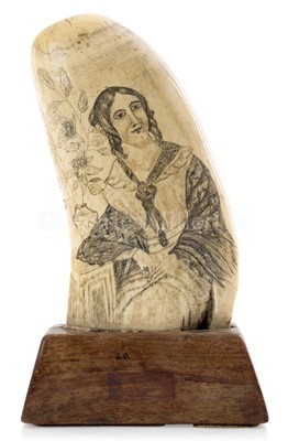 Lot 46 - Ø A FINE SAILOR'S SCRIMSHAW DECORATED WHALE'S TOOTH, CIRCA 1840