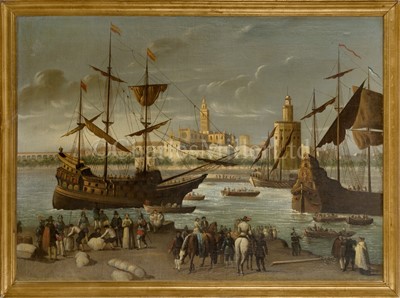 Lot 12 - SPANISH SCHOOL, 19TH CENTURY - A CAPRICCIO HARBOUR SCENE