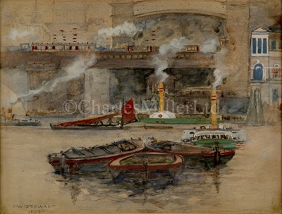 Lot 97 - J. W. STEWART (BRITISH, FL. 1903) - A BUSY THAMES SCENE WITH BLACKFRIARS RAILWAY BRIDGE, 1903