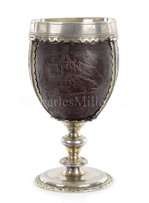 Lot 139 - AN EARLY 18TH CENTURY COCONUT CUP MOUNTED IN 17TH CENTURY 'PIRATE' SILVER