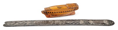 Lot 147 - A SAILOR'S MAN O'WAR-FORM SNUFF BOX, CIRCA 1800