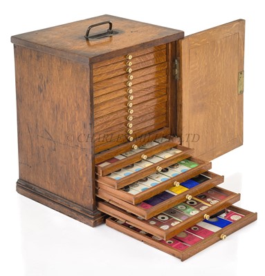Lot 247 - A 19TH-CENTURY LEPIDOPTERY MICROSCOPE SLIDE CABINET AND SLIDES