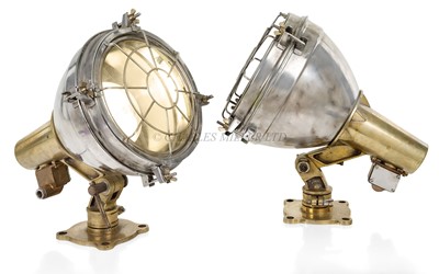Lot 64 - PAIR OF BRASS AND STEEL MARINE SPOTLIGHTS