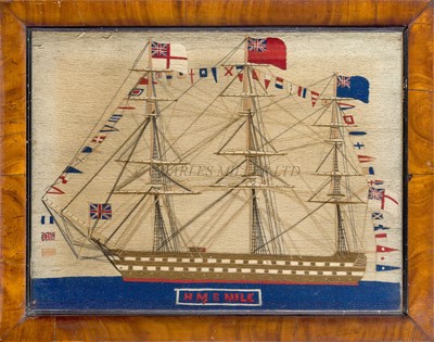 Lot 161 - A FINE SAILOR'S WOOLWORK PICTURE OF H.M.S. NILE DRESSED OVERALL, CIRCA 1860