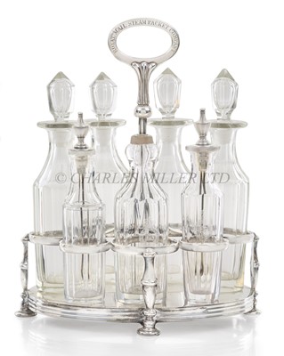 Lot 59 - A SILVER PLATED AND CRYSTAL CRUET SET FOR THE ROYAL MAIL STEAM PACKING CO., C. 1899
