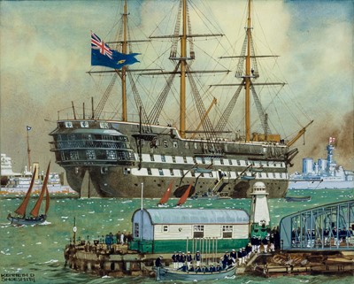 Lot 160 - KENNETH DENTON SHOESMITH (BRITISH, 1890-1939) H.M.Schoolship 'Conway' off Liverpool with assorted shipping