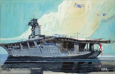 Lot 204 - δ LESLIE CARR (1891-1961) Original artwork for the postcard H.M. Aircraft Hermes (1938)