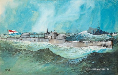 Lot 205 - δ LESLIE CARR (1891-1961) Original artwork for the postcard H.M. Submarine ‘X1’ (1925)