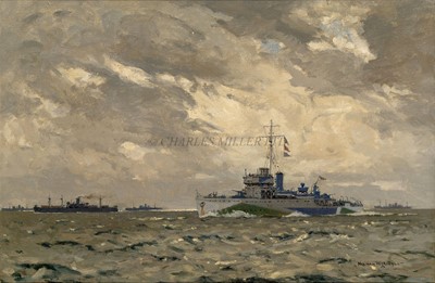 Lot 185 - δ NORMAN WILKINSON (1878-1971) North Atlantic Convoy under escort with a Flower Class Corvette in dazzle camouflage