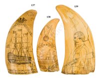 Lot 137 - Ø A 19TH CENTURY SCRIMSHAW DECORATED WHALE'S TOOTH COMMEMORATING ADMIRAL NELSON AND H.M.S. VICTORY