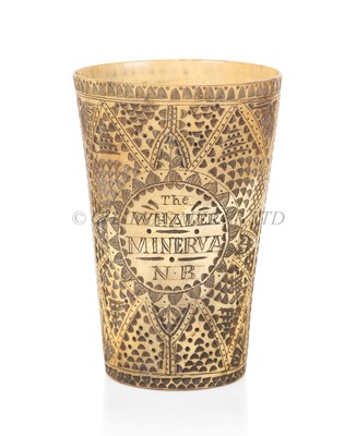 Lot 17 - A FINELY CARVED AND SCRIMSHAW-DECORATED HORN BEAKER FROM THE NEW BEDFORD WHALER MINERVA, CAPTAIN EDWARD PENNIMAN, CIRCA 1850
