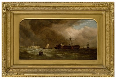 Lot 148 - WILLIAM ADOLPHUS KNELL (BRITISH, 1801-1875) - Bringing a disabled Man O'War into Chatham Dockyard with two First Rates laid up in ordinary beyond