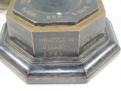 Lot 144 - A 1905 TRAFALGAR CENTENARY CANNON BALL AND STAND COMMEMORATING H.M.S. VICTORY'S BATTLES