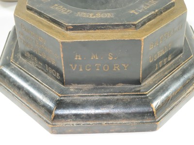 Lot 144 - A 1905 TRAFALGAR CENTENARY CANNON BALL AND STAND COMMEMORATING H.M.S. VICTORY'S BATTLES
