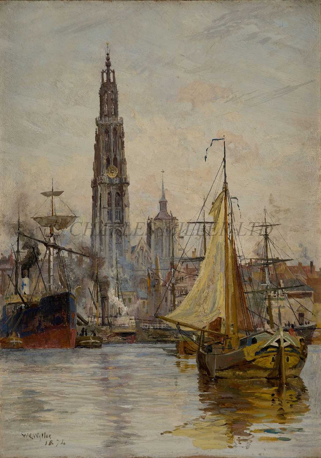 Lot 10 - WILLIAM LIONEL WYLLIE (BRITISH, 1851-1931) - SHIPPING OFF ANTWERP HARBOUR