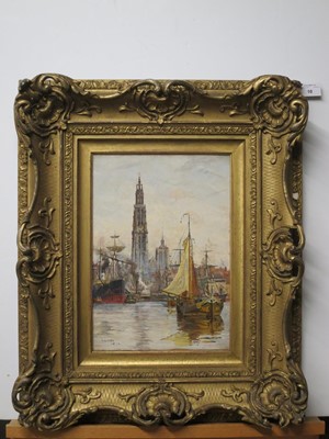 Lot 10 - WILLIAM LIONEL WYLLIE (BRITISH, 1851-1931) - SHIPPING OFF ANTWERP HARBOUR