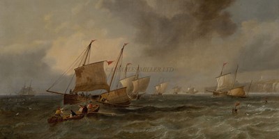 Lot 6 - JOHN WILSON CARMICHAEL (BRITISH, 1800-1868) - THE SCARBOROUGH FISHING FLEET OFF FLAMBOROUGH HEAD