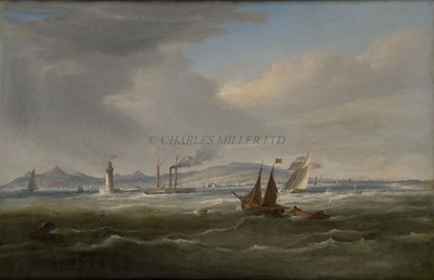 Lot 55 - WILLIAM JOHN HUGGINS (BRITISH, 1781-1845) - THE IRISH PADDLE PACKET 'SHANNON' OFF POOLBEG LIGHTHOUSE, DUBLIN BAY WITH THE CITY BEYOND, CIRCA 1835