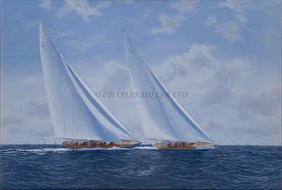 Lot 44 - δ JAMES MILLER (BRITISH, B 1962) - 'ENDEAVOUR' AND 'RAINBOW' NECK AND NECK, AMERICA'S CUP 1934