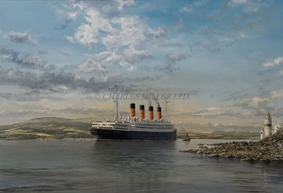Lot 77 - ROBERT LLOYD (BRITISH, B. 1969) - R.M.S. 'AQUITANIA' PASSING CLOCH POINT LIGHTHOUSE ON HER FINAL VOYAGE, 21ST FEBRUARY 1950