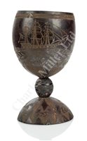 Lot 116 - A SCRIMSHAW-DECORATED COCONUT SAILOR'S SWEETHEART GOBLET, CIRCA 1840