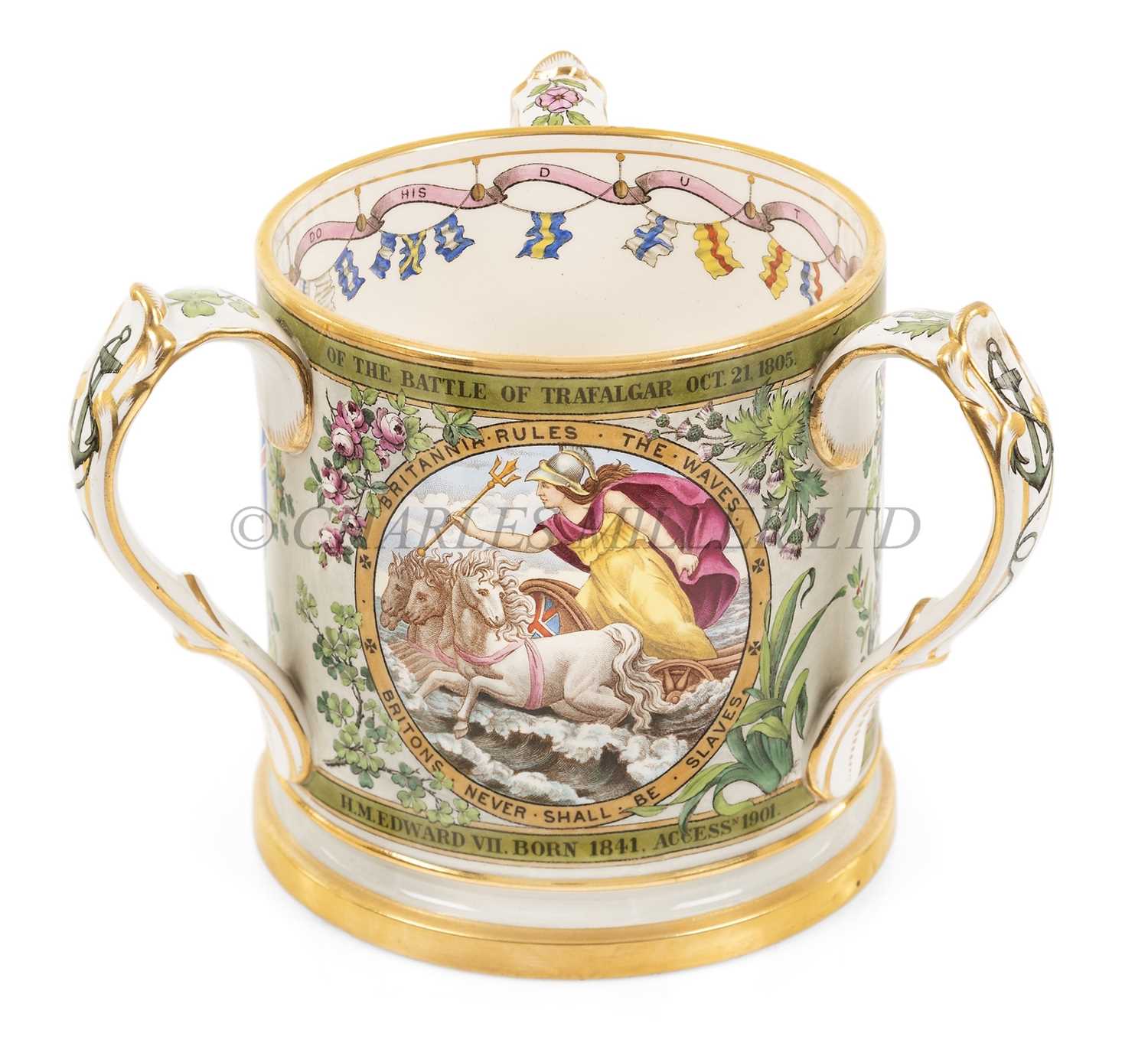 Lot 74 - A TRAFALGAR CENTENARY COPELAND SUBSCRIBER’S COPY LOVING CUP OR TYG, CIRCA 1905