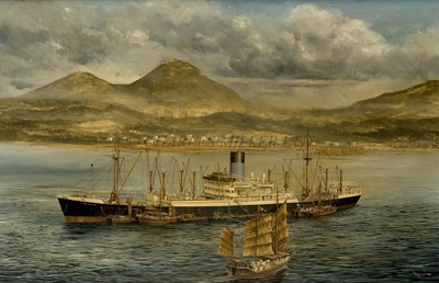 Lot 161 - δ ROBERT G. LLOYD (BRITISH, B. 1969) - Blue Funnels (Alfred Holt & Co) 'Neleus' pictured at Hong Kong with Telegraph Mountain (Kau Yi Chau) in the background