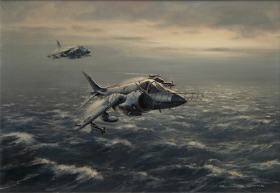 Lot 306 - δ RONALD WONG (20TH CENTURY) - A pair of sea harriers in the South Atlantic during the Falklands war in 1982