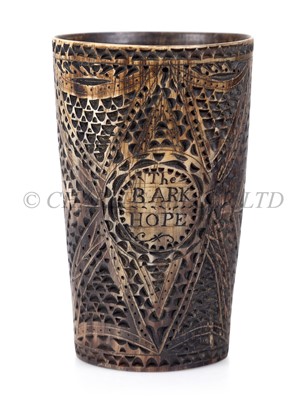 Lot 35 - A FINELY CARVED AND SCRIMSHAW WORKED HORN BEAKER FOR THE BARQUE 'HOPE', CIRCA 1846