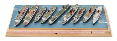 Lot 140 - A REGINALD CARPENTER CASED SET OF NINE 1:1200 SCALE WATERLINE FERRY SHIP MODELS