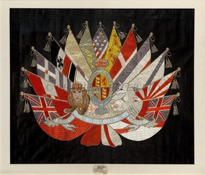 Lot 269 - AN FINE ORIENTAL SILKWORK FLAG DISPLAY, CIRCA 1900