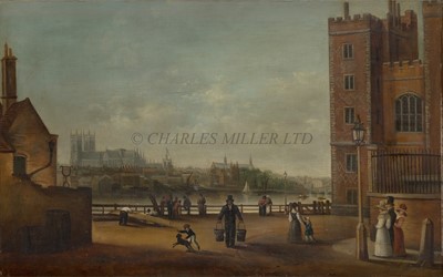 Lot 118 - FOLLOWER OF JOSEPH PAUL (BRITISH, 1804-1887) - A view of Westminster Abbey from Lambeth Palace, circa 1830