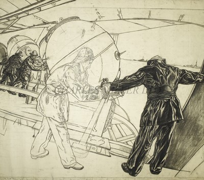 Lot 326 - DAVID MUIRHEAD BONE (SCOTTISH, 1876-1953) Gridded study for 'Winter Mine-Laying off Iceland, circa 1942'