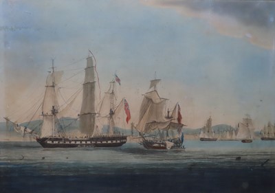 Lot 115 - AN AQUATINT OF THE CUTTING OUT OF LE SPARVIER BY H.M.S. SPARTAN, 3RD MAY 1810