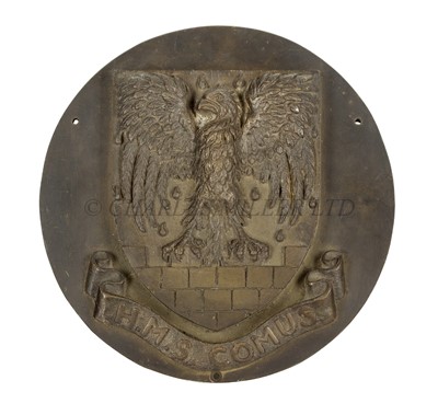 Lot 255 - A BRONZE TOMPION CREST FOR H.M. CRUISER COMUS, 1914