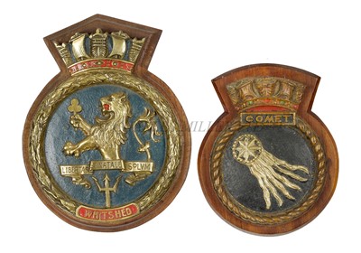 Lot 271 - TOMPION CRESTS FOR H.M. DESTROYERS WHITSHED (1919) AND COMET (1931)
