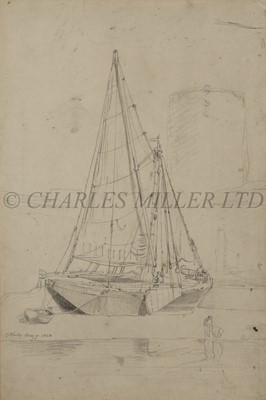 Lot 4 - CORNELIUS VARLEY (BRITISH, 1781-1873) - Thames barge on mud flats with raised leeboards