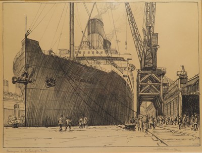 Lot 18 - δ JOHN CHRISTOPHER TEMPLE WILLIS (BRITISH, 1900-1969) - Cunard Liner R.M.S. 'Berengaria' at Berth 46, Ocean Dock Southampton