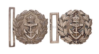 Lot 248 - A PAIR OF EARLY 20TH CENTURY CAST SILVER ROYAL NAVY BELT BUCKLES