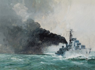 Lot 275 - δ CHRISTOPHER MAYGER (BRITISH, 1919-1994) - A 'Daring' Class destroyer making smoke circa 1955