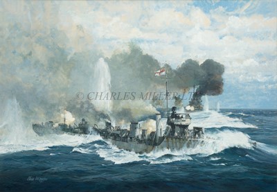Lot 34 - δ CHRISTOPHER MAYGER (BRITISH, 1919-1994) - An 'Acorn' Class destroyer in action during the Great War